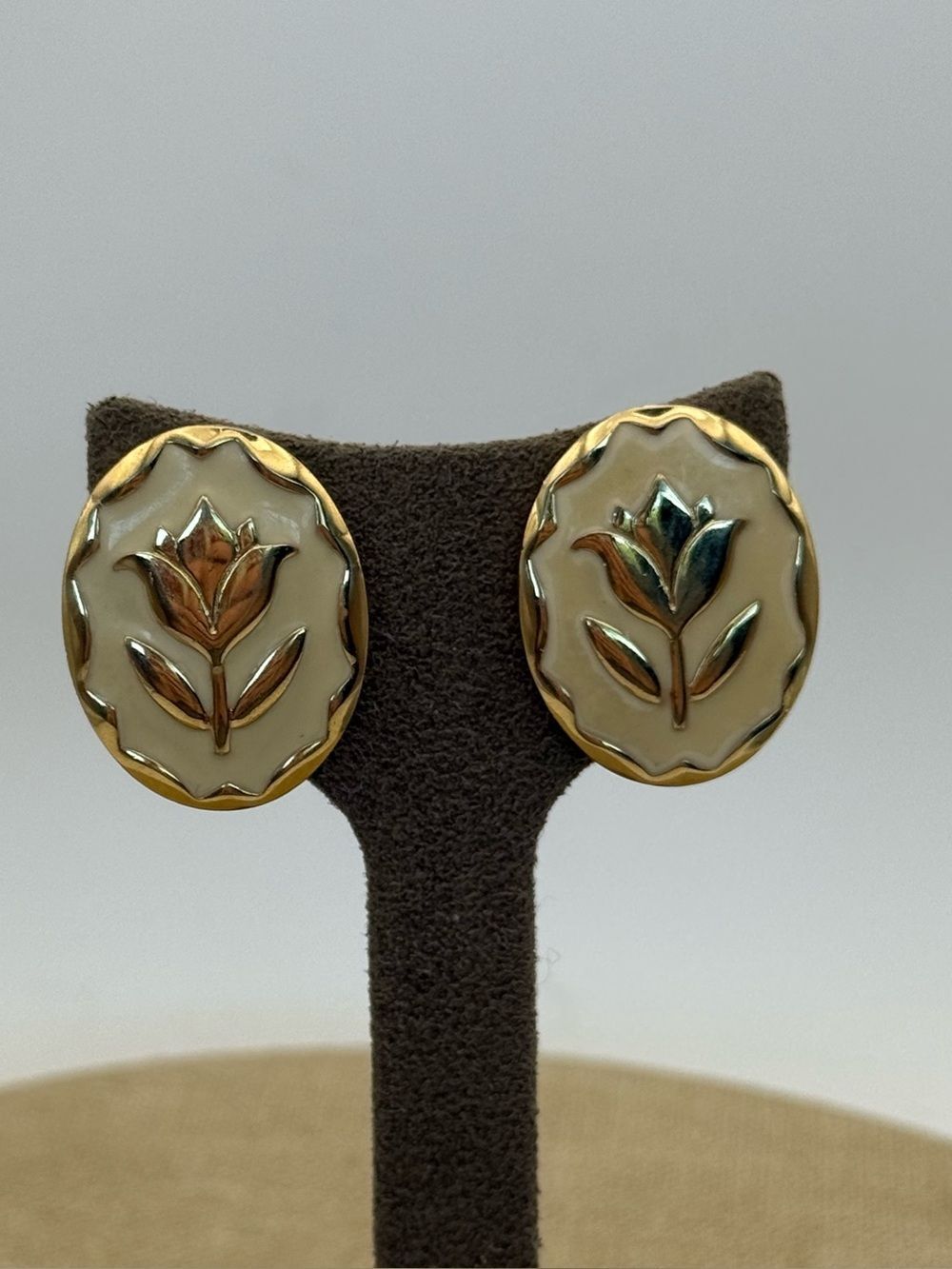 vintage Gold and Cream Floral Oval Clip-On Earrings